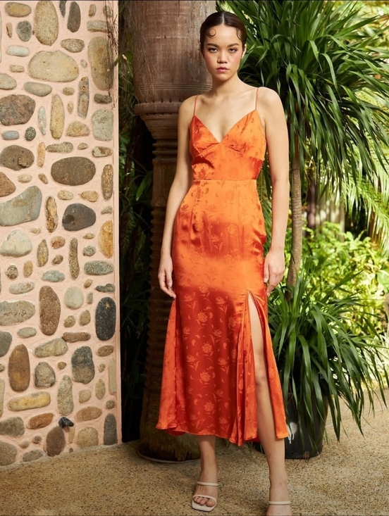 sau lee Dresses & Skirts - NWT Sau Lee Francesca Orange Satin Jacquard Slip Midi Dress with Side Slit - 8